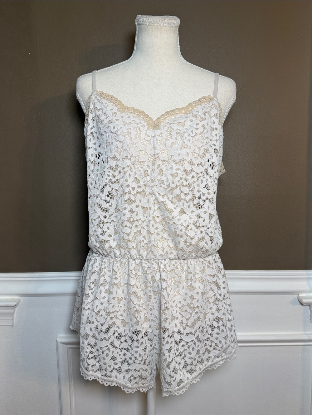 Victoria’s Secret Cream Floral Lace Romper L Bridal Lingerie Sheer Teddy